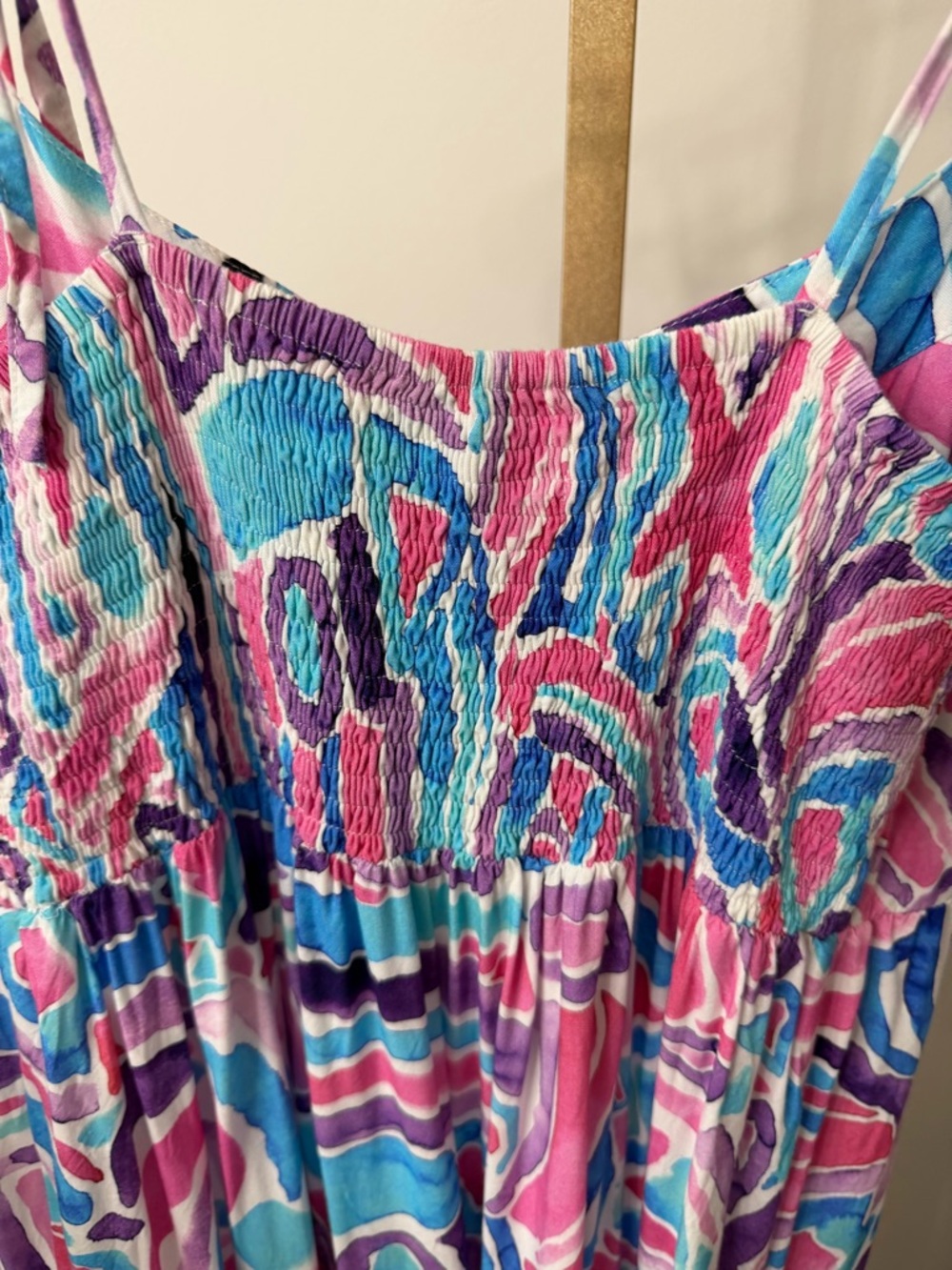 Kenny Flowers Pink Blue Purple Abstract Smocked Dress - Picture 3 of 8